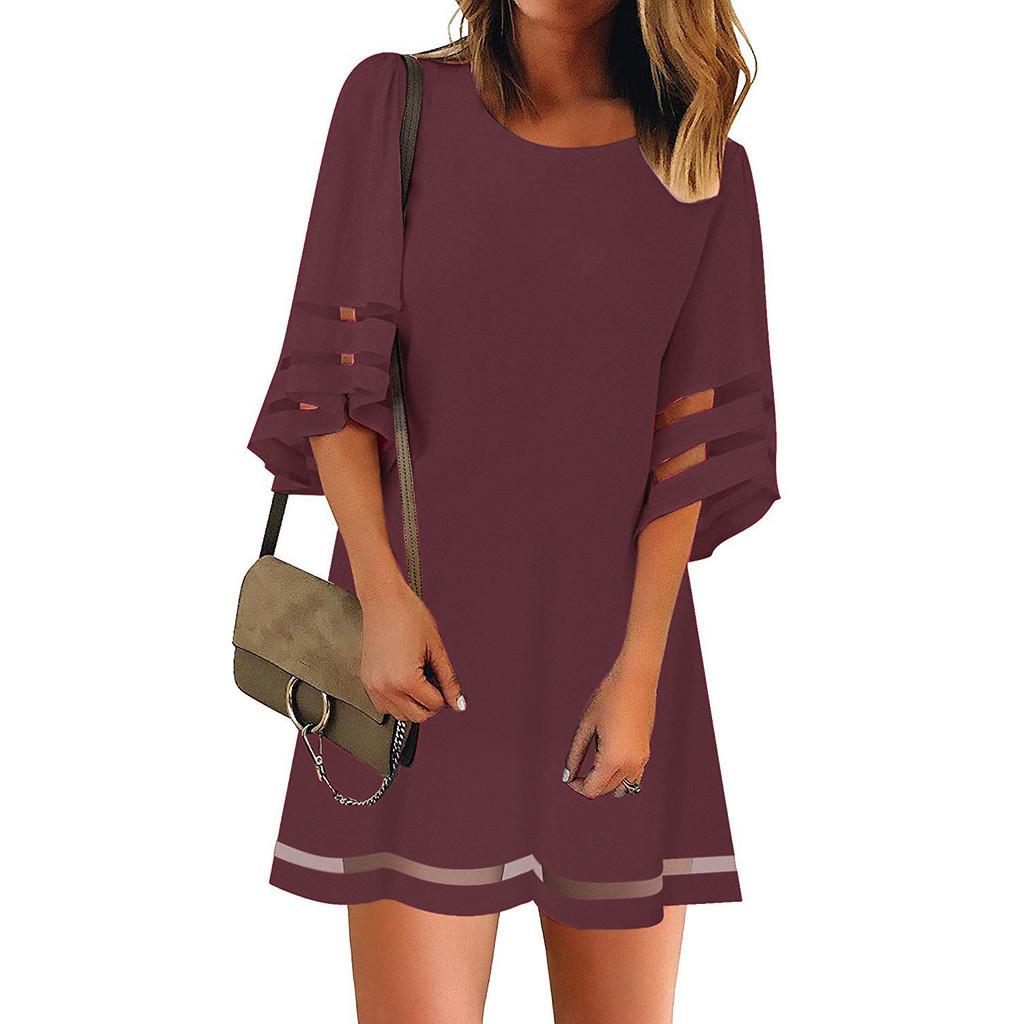Women's  Mesh Panel Blouse 3/4 Bell Sleeve Loose Top Shirt Dress