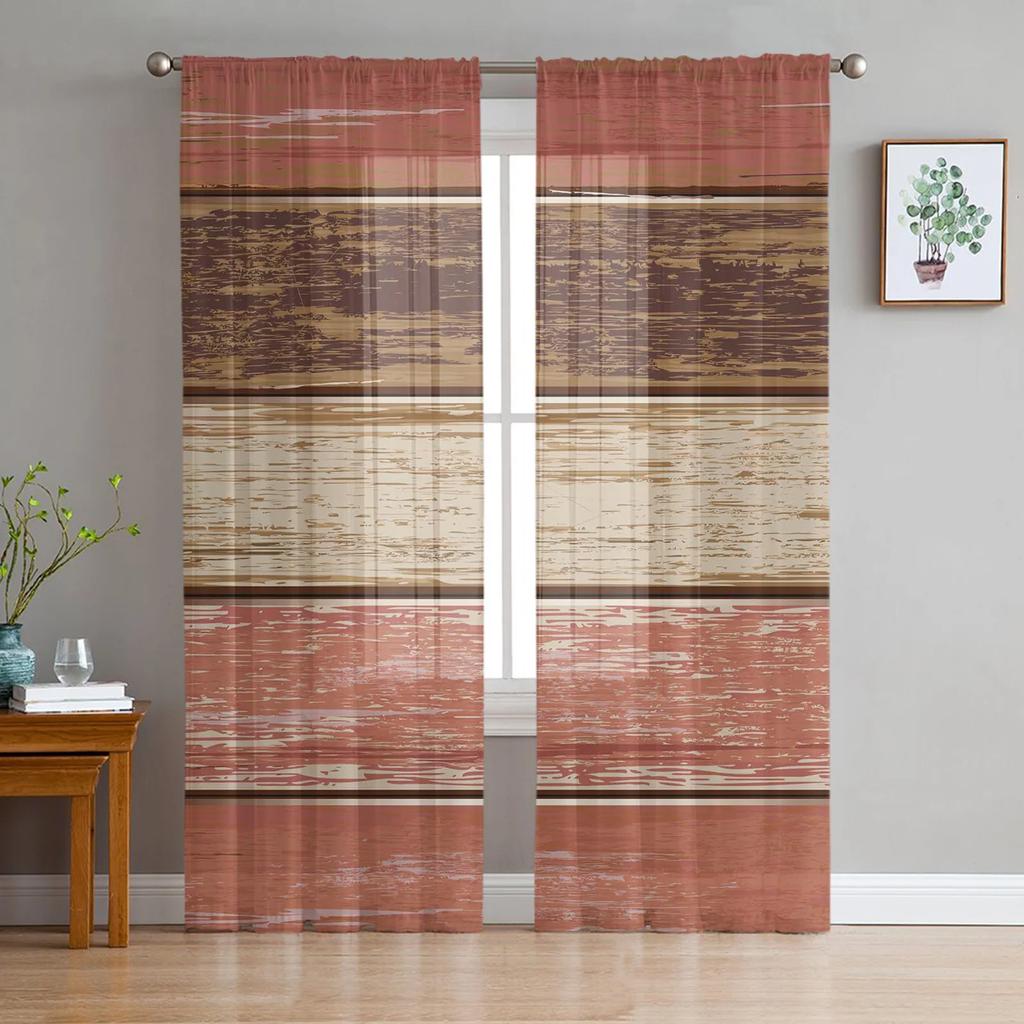 Braune Retro Holzmaserung Rustikale Durchsichtige Vorhänge für Wohnzimmerdekoration Fenstervorhang Küche Tüll Voile Organza Drapierungen