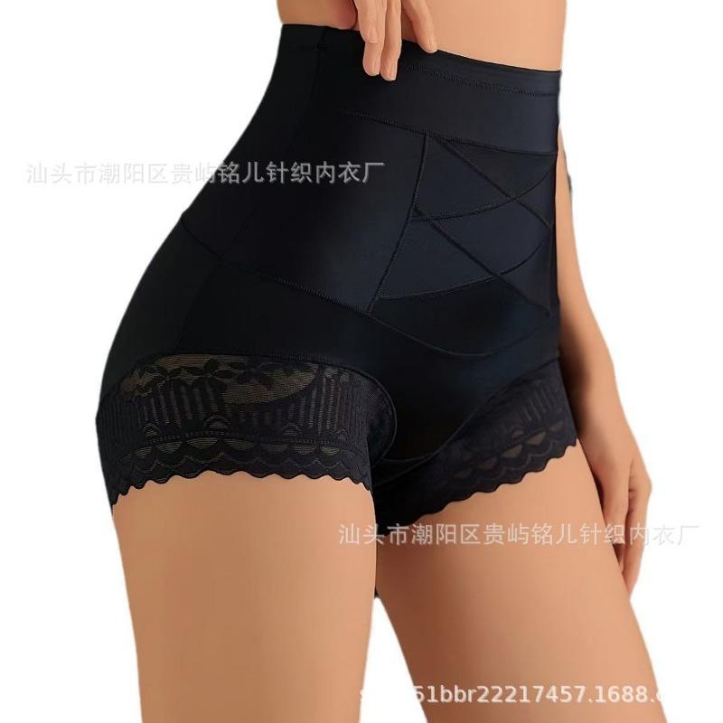 Women High Waist Cross Bandage Lace Hem Tummy Control Butt Lifting Seamless Shapewear Briefs M чёрный