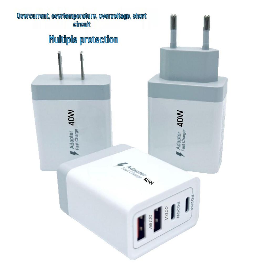 40W EU Standard 4-Port Fast Charger: 2 USB-C & 2 USB-A for Mobile Phones & Watches