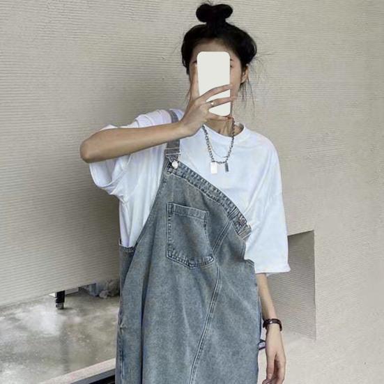 Robe en jean à bretelles sans col, ample, dos nu, sans manches, poches latérales, ourlet fendu, couleur unie, bandoulière réglable, robe mi-longue pour étudiante