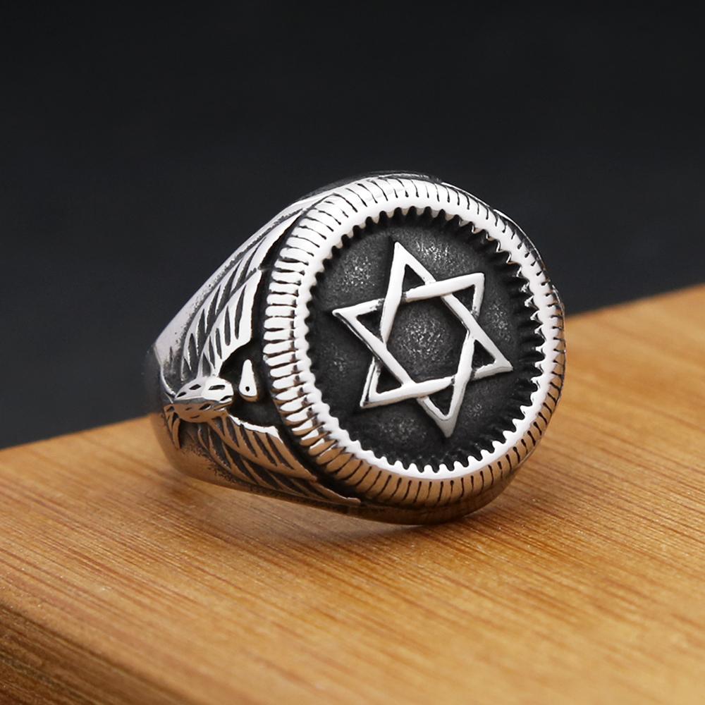 Bague Étoile de David Punk Vintage Hip Hop Biker Acier Inoxydable Hexagramme avec Aigles Bagues pour Hommes Femmes Amulette Bijoux Vente en Gros