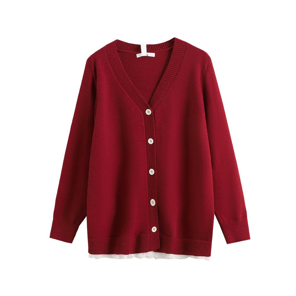 

130-320 Jin Plus Size Women s Retro Patchwork Knit V-Neck Sweater - New 2026 Spring/Autumn Style in Red for Slightly Overweight 2XL (suggested for 130-160 jin)