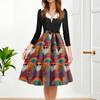 Women's Fashion Round Casual Slim Fit Christmas Print Large Swing Long Sleeve Dress