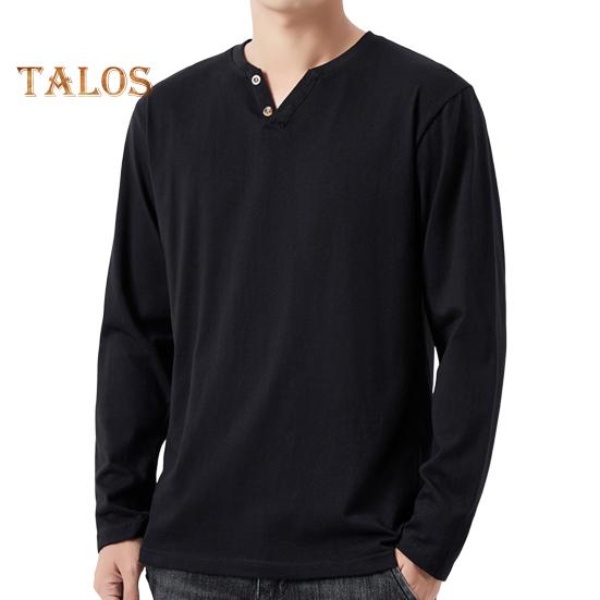 Men Fall Spring Top Buttoned V Neck Long Sleeves Pure Color Loose Pullover T-shirt Daily Wear Sport Homewear Clothes