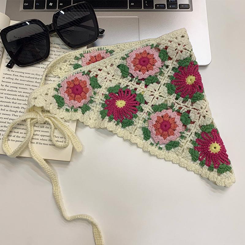 Spring and Autumn Sweet and Cute Wind Handmade Knitted Headband Female Personality Crochet Literary Style Triangle Scarf Headscarf