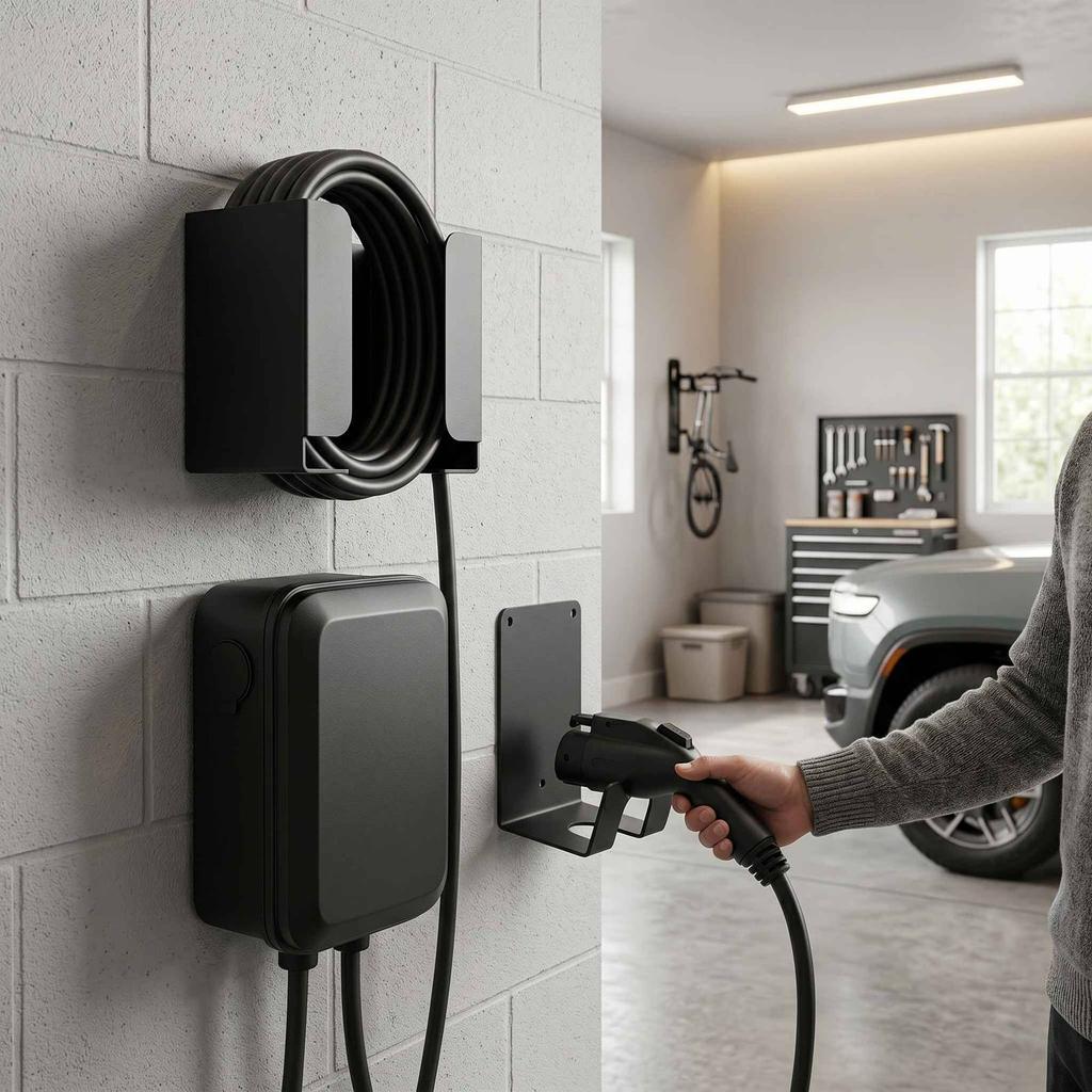 EV Charger Holder Wall Mount Kit EV Cable Box Organizer Portable EV Charging Cable Holder with Cable Hook for Garages