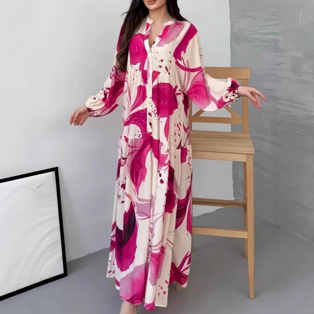 European 2025 V-Neck Long Sleeve Casual Loose Printed Dress for Women