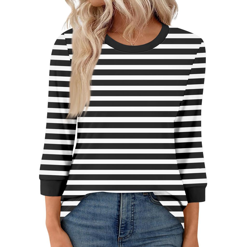 Women's Fashion Casual Seven Sleeve T-Shirt Print Round Neck Top