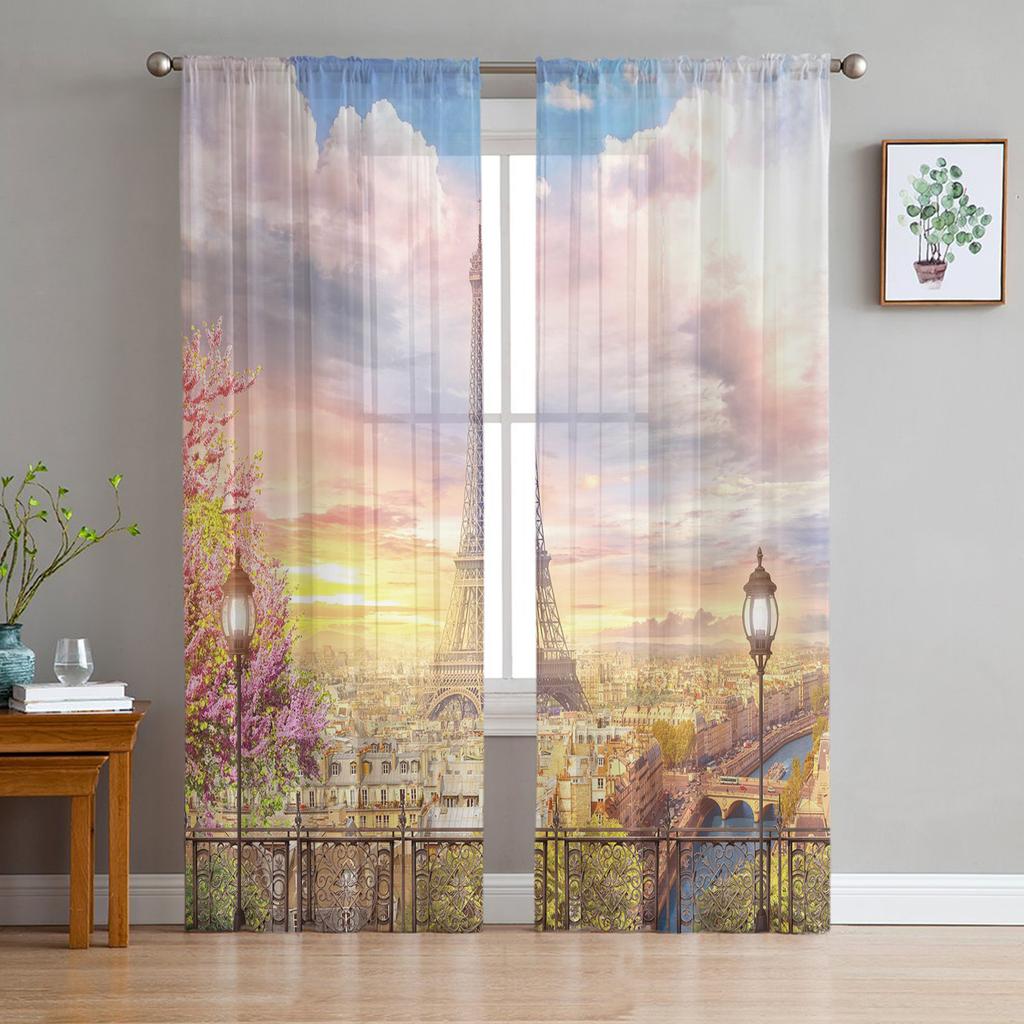 Paris Frankreich Stadtbild mit Eiffelturm Sonnenuntergang Chiffon transparente Vorhänge für Wohnzimmer Schlafzimmer Fenster Voiles Tüll Vorhang