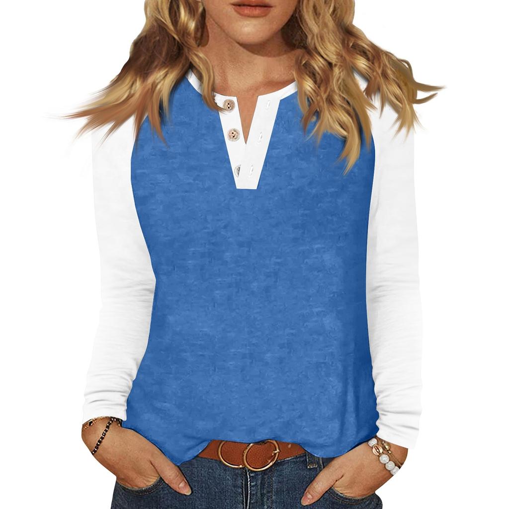 Women's T Shirt Color Block Button Long Sleeve Daily Weekend Fashion Basic V- Neck Regular Top