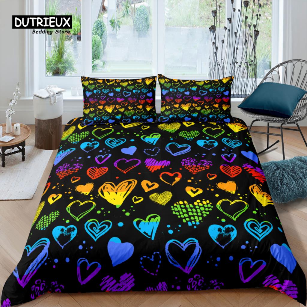 Home Living Luxury 3D Love Heart Bedding Set Rainbow Duvet Cover Pillowcase Queen And King Eu/Us/Au/Uk Size Comforter Bedding