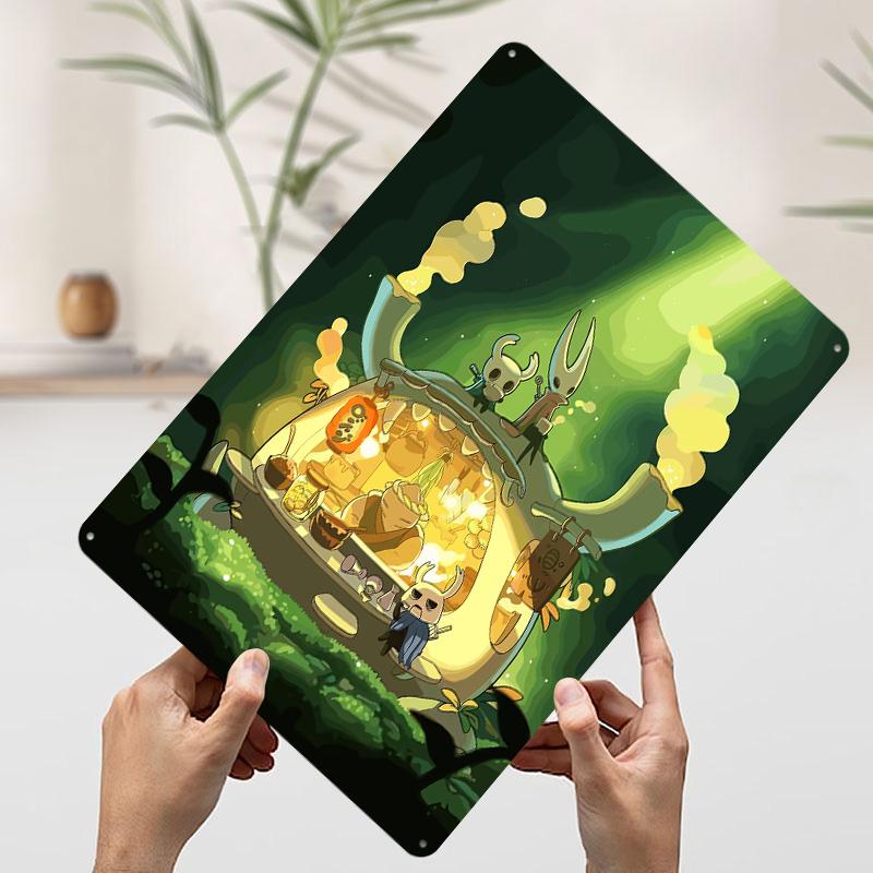 Hollow Knight Tea Shop Illustration Printed Poster Customized Wall Art Retro Vintage Metal Tin Signs for Room Gaming Decoration