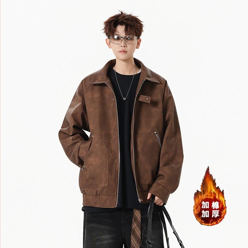 Loose men's leather jacket spring and autumn pu leather lapel xl large size trendy brand American retro casual leather jacket men