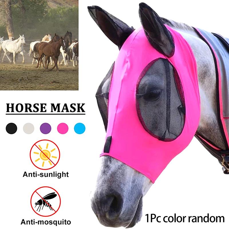 1 Pezzo Colore Casuale Maschera Viso Cavallo Anti Mosche Traspirante Elastica Maglia a Rete Anti Zanzare Attrezzatura Equestre per Equitazione
