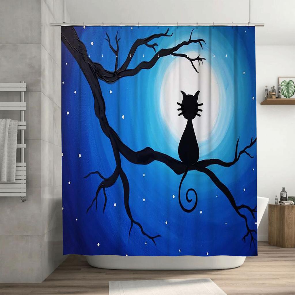Black Cat on Branch Waterproof Shower Curtain Heat Resistant Machine Washable Non-Transparent 180x180cm