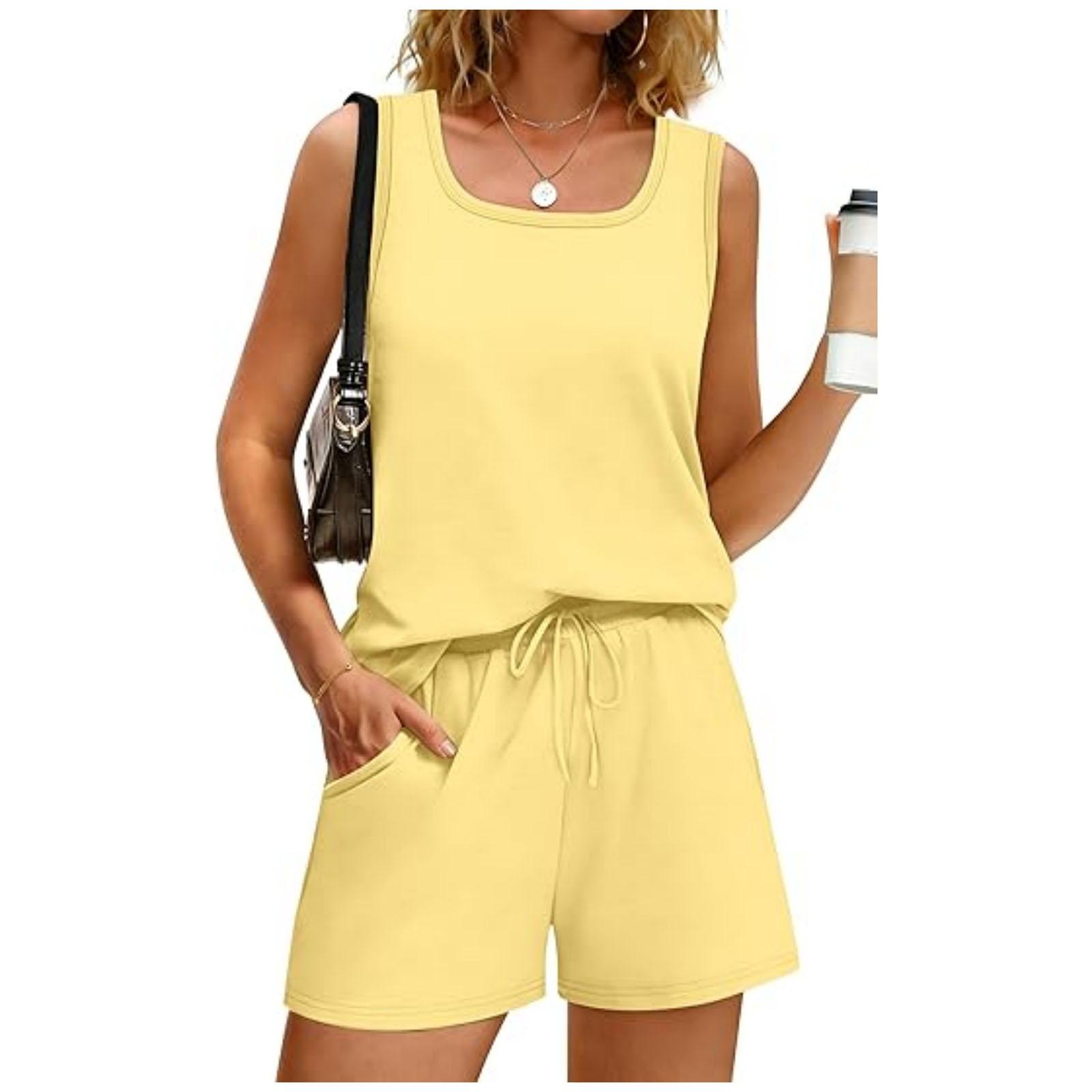 

Women s Fashionable Loose Sleeveless Top + Shorts Casual Two-Piece Set XL жовтий