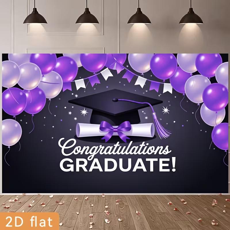 2D Graduation Photo Backdrop, Purple Black "Congratulations Graduate" Themed Party Background