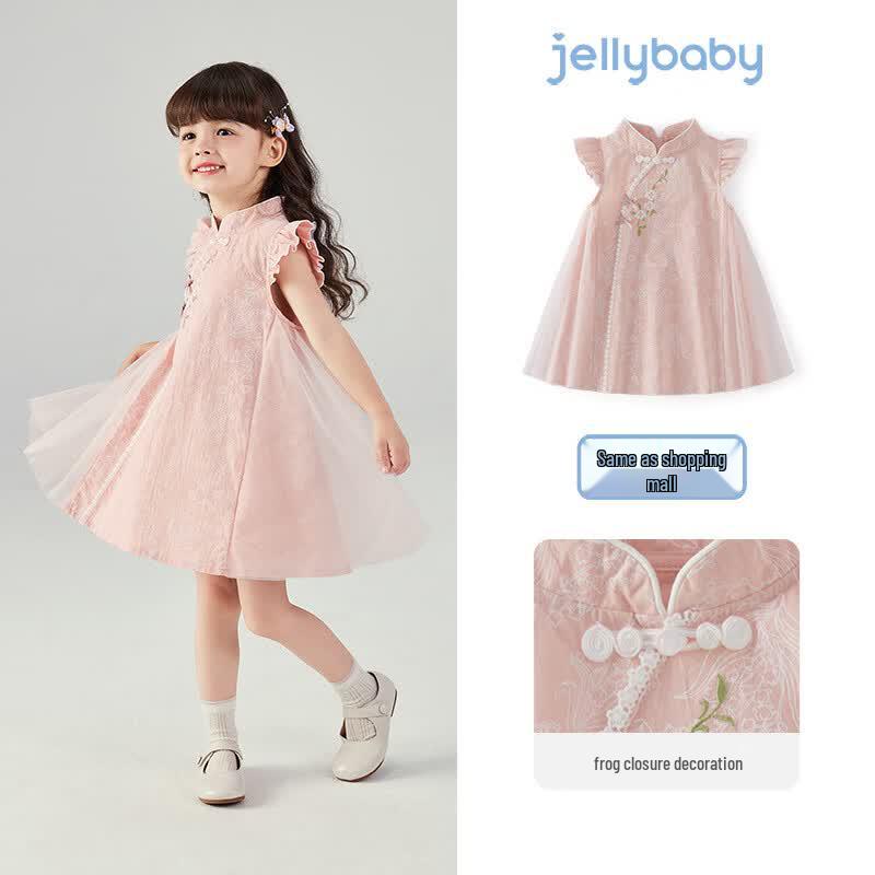 JELLYBABY Girls Flying Sleeve Floral Qipao Dress 110