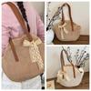 Sweet Straw Woven Tote Bag Large Capacity with Bow Ribb Commuting Shoulder Bag Lightweight Khaki Seaside Vacati Handbag