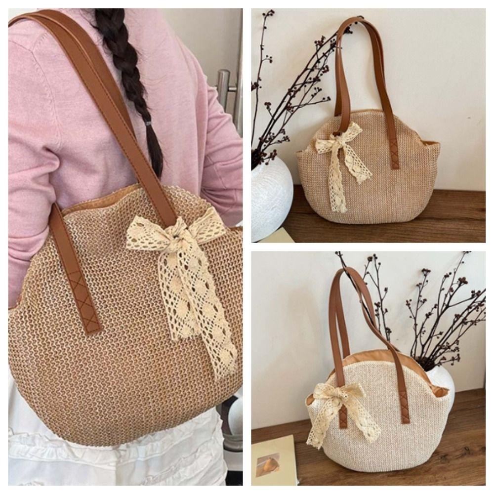 Sweet Straw Woven Tote Bag Large Capacity with Bow Ribb Commuting Shoulder Bag Lightweight Khaki Seaside Vacati Handbag