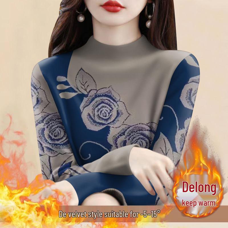 Women's Plus Size Fleece Lined Semi-High Neck Long Sleeve T-Shirt