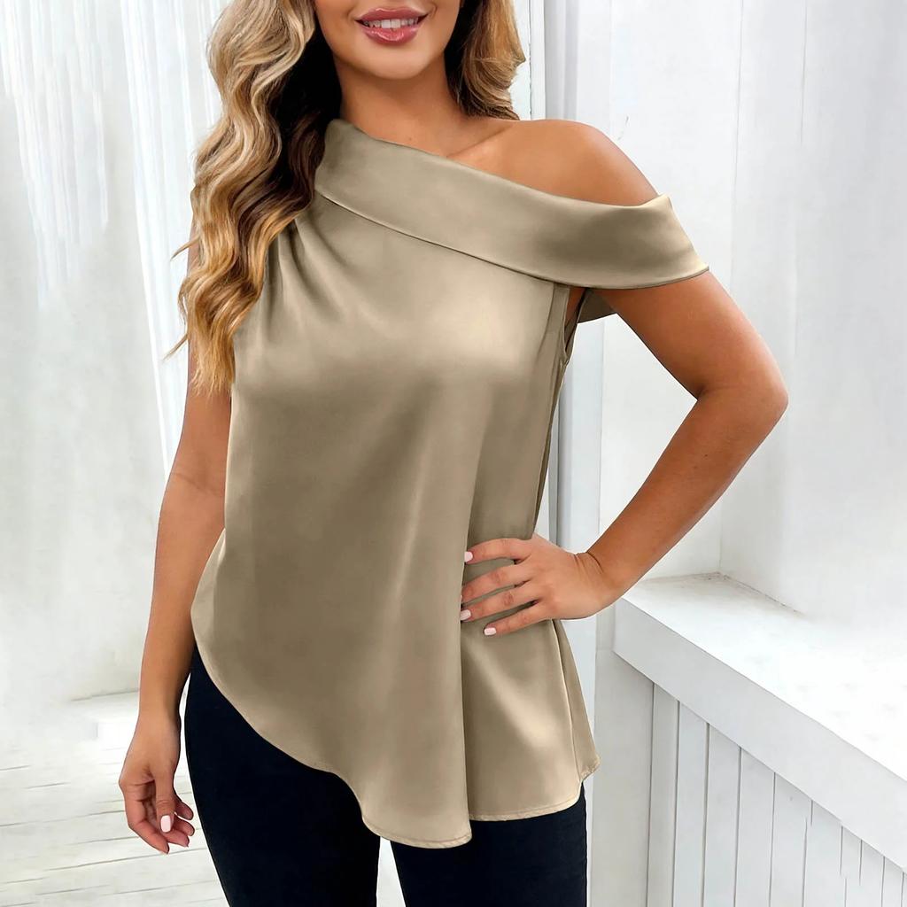 Women’s Fashionable Casual Plain Off-the-Shoulder Satin Sleeveless Asymmetrical Hem T-Shirt Top
