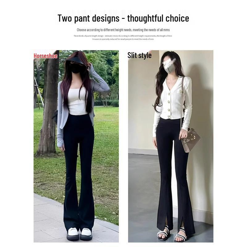 Petite Slimming High Waist Black Micro-Flare Pants for Women - Spring/Summer Casual Horseshoe Design