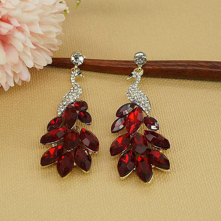 

Peacock Tail Crystal Earrings: Autumn/Winter Green & Red 925 Silver for Women