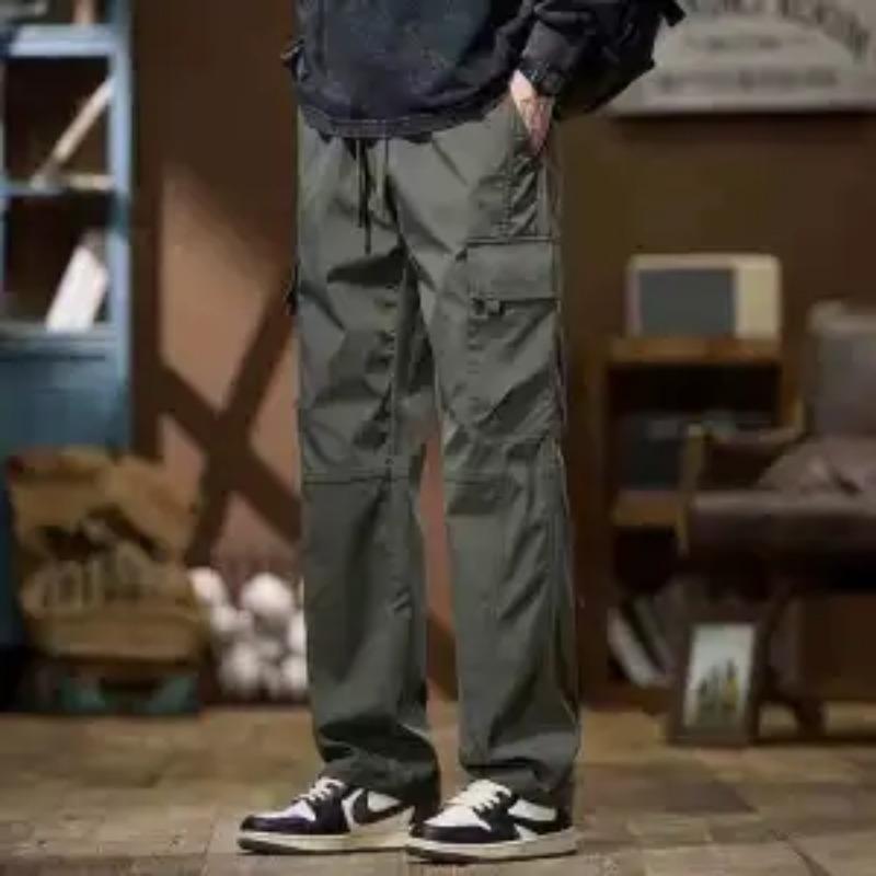 Mens Cargo Pants Multi Pocket Drawstring Loose Straight Trousers
