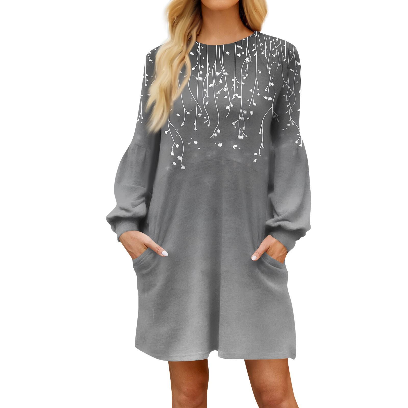 

Модное женское платье трапециевидной формы с длинным рукавом. Осенний повседневный пуловер с круглым вырезом. Свободное платье с карманами. S