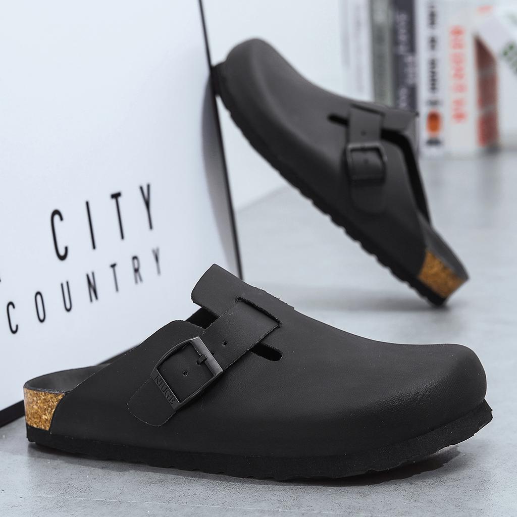 Unisex Leder Clogs Marinefarben Korkfußbett Sandalen mit Verstellbarer Schnalle Geschlossene Zehen Komfort Slides für Herren Damen 10 Farben