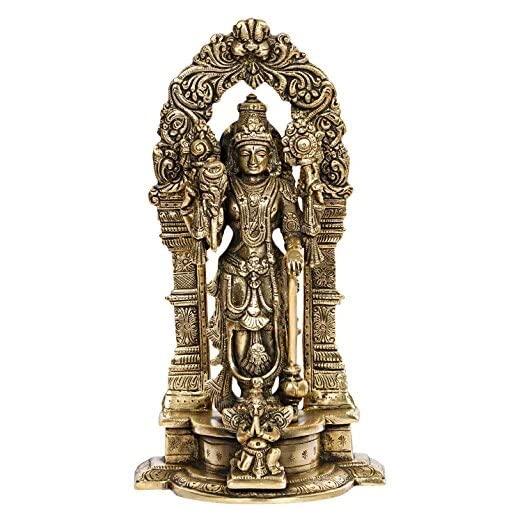 Lord Vishnu Narayan Standing On Garuda Pedestal Brass Idol, Gold - 9 Inches