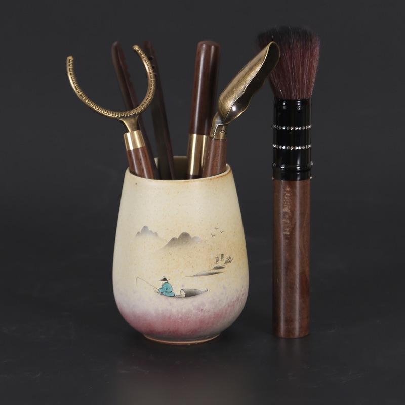 Kettle and Six Gentlemen Tea Ceremony Set - Coarse Pottery & Alloy Accessories