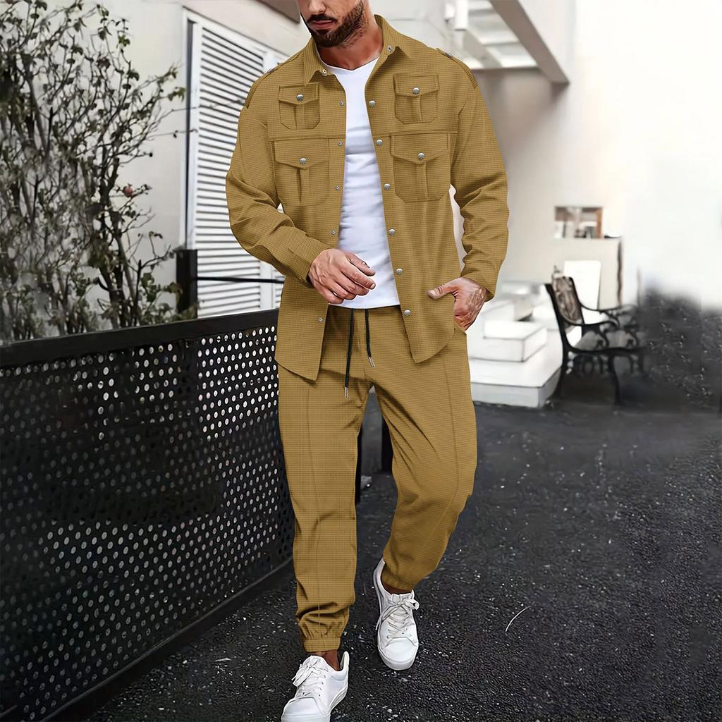 Men's Long Sleeved Work Shirt With Multiple Pockets And Trousers  Casual Two Piece Suit  Casual And Versatile
