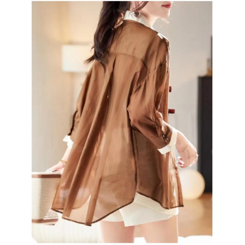 Women's Summer Design Splicing Long-sleeved Sunscreen Shirt Thin Elegant and Beautiful Tops