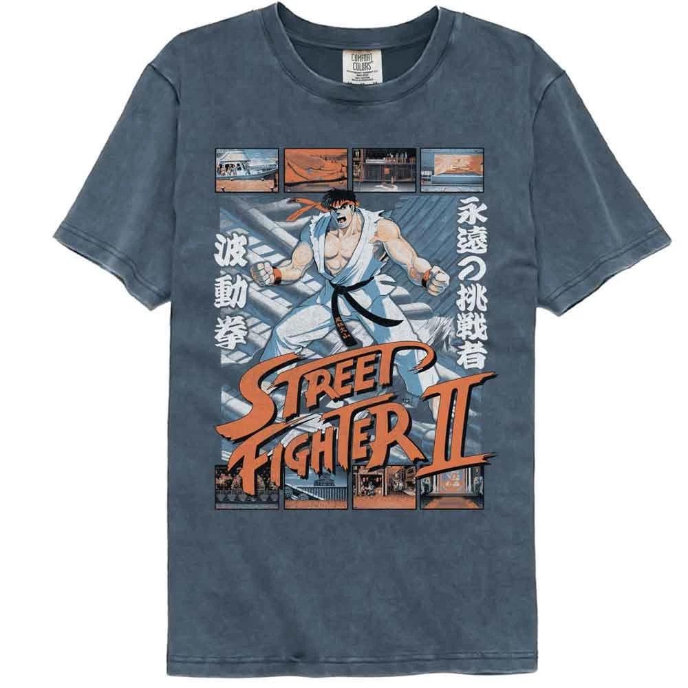 Street Fighter - Ryu W Various Game Scenes - American Classics - Solid Blue Adul 160