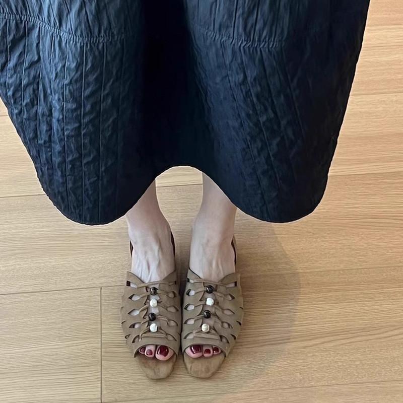 Fashion Fashion String Bead Decorative Hollow Out Flat Sandals Women Faux Suede Designer Shoes for Women Summer Casual Gladiator Sandals