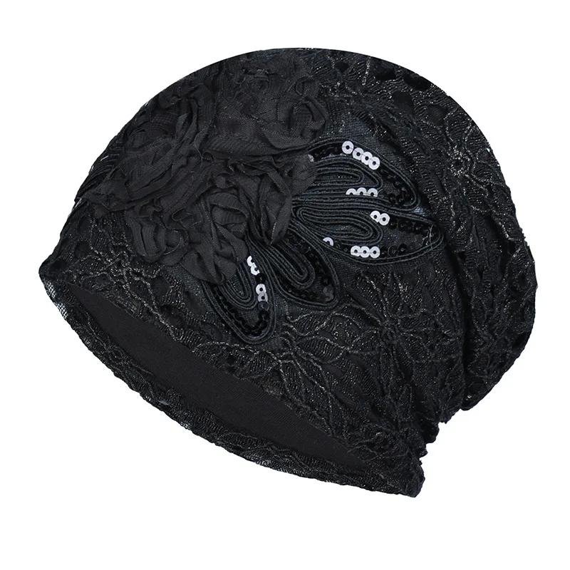 Elegant Women Sequins Lace Turban Cap Flowers Muslim Headwear Hat Female Head Wraps Ladies Headscarf Bonnet Turbante Mejur