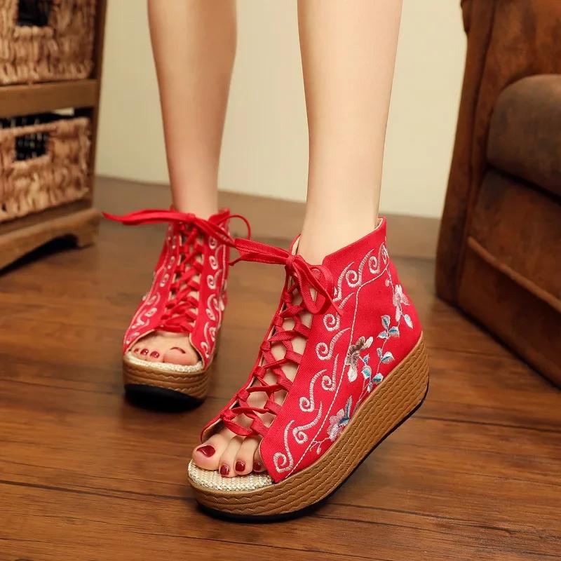 Fashion 2025 New National Style Embroidery Shoes High Heel Fish Mouth Thick Platform Muffin With Cloth Retro Women's Shoes Sandals