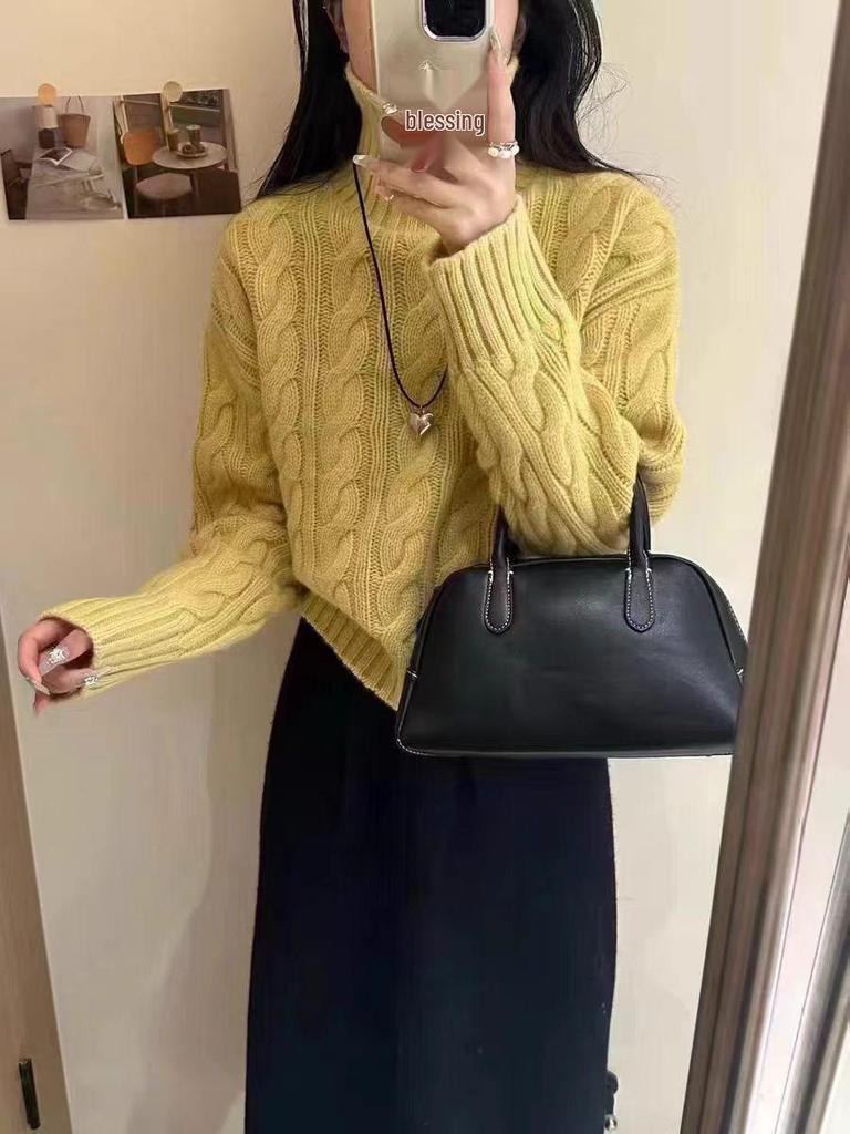 Women's High-Neck Cable Knit Wool Sweater - European Style, Heavy-Duty, Loose Fit, Thick, Short, Fashionable Base Layer for Autumn/Winter.