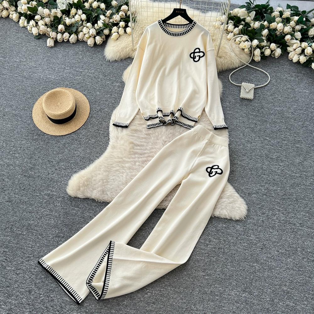 Höst Vinter Dam Casual Stickad Tröja Byxa Tvådelat Set Helärmad Pullover Toppar och Vida Ben Byxor Träningsoverall