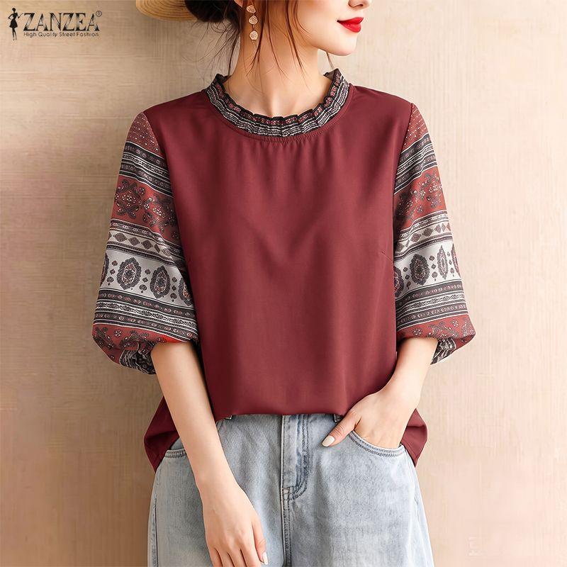 ZANZEA Women Ethnic Print Splice Round Neck Loose Half Sleeve Blouse