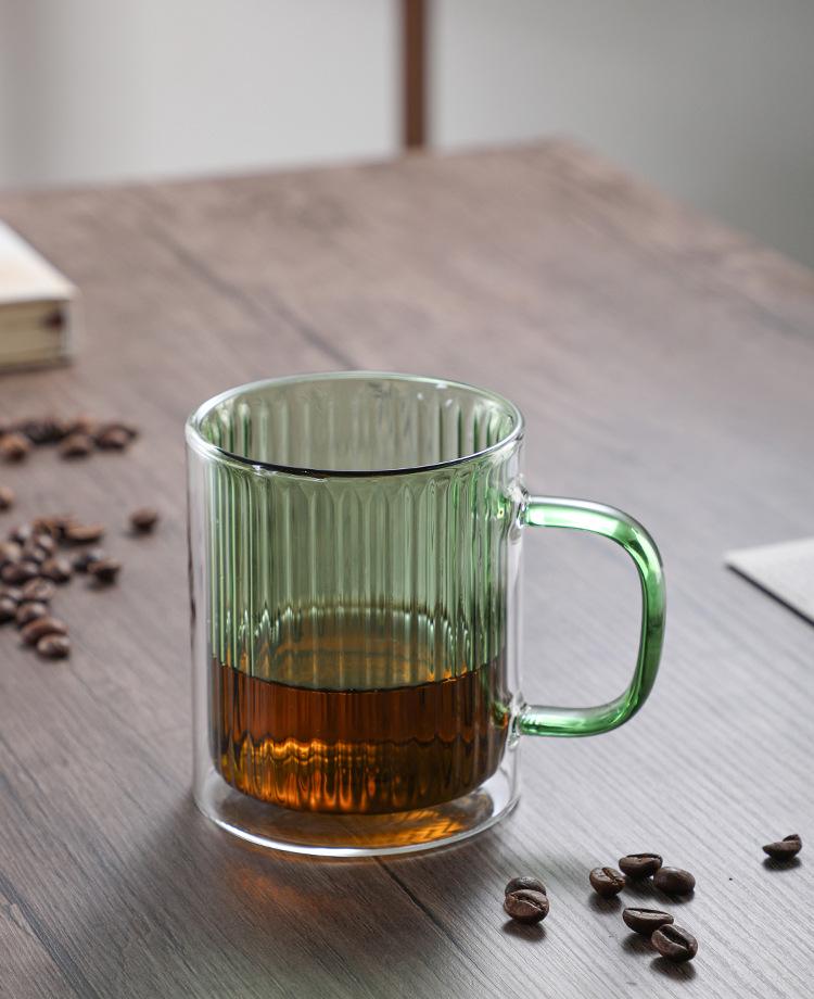 Double-Layer Vertical Stripe Glass Cup with Large Handle for Home, Office, or Coffee Shop Use