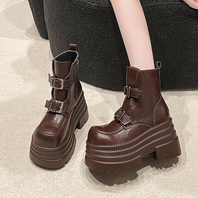 Fashion Winter Women Biker Boots Fashion Belt Buckle Ladies Elegant Platform Flats Short Booties Casual Women's Knight Booties