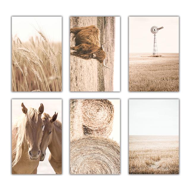 Weizen Kuh Pferd Grünland Landschaft Wand Kunst Poster und Drucke Landschaft Druck Nordic Malerei Dekorative Bild Home Dekoration