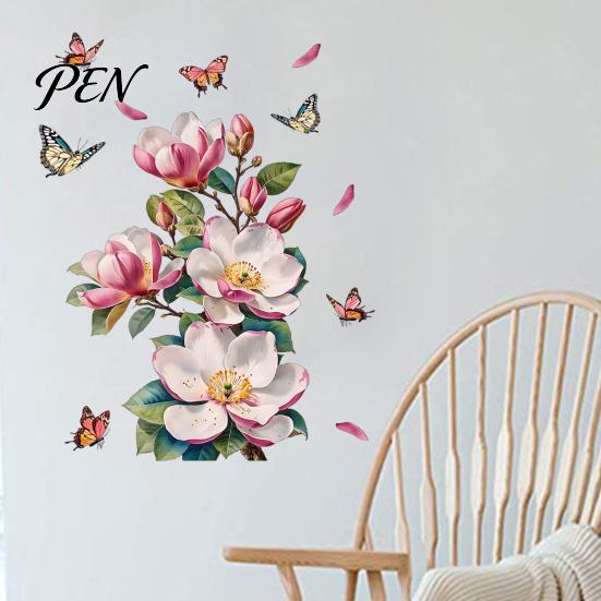 Gentle Style Room Wall Decor Magnolia Butterfly Decal, Self Adhesive Waterproof Home Sticker for Pink Art Living Bedroom, Elegant Peel And Stick