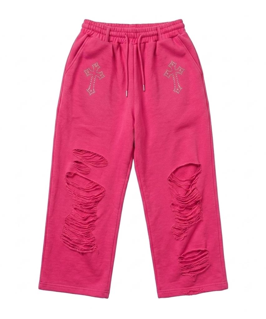 ESCAPEFROM Cross Hotfix Damage Point Sweatpants Pink