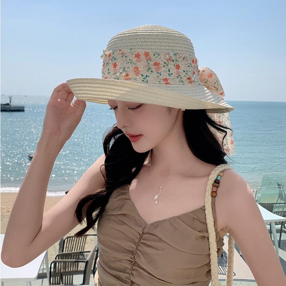 Breathable Flower Fisherman Cap Large Brim Wide Brim Sun Hat Fashion Lace Bowknot Straw Hat  Beach