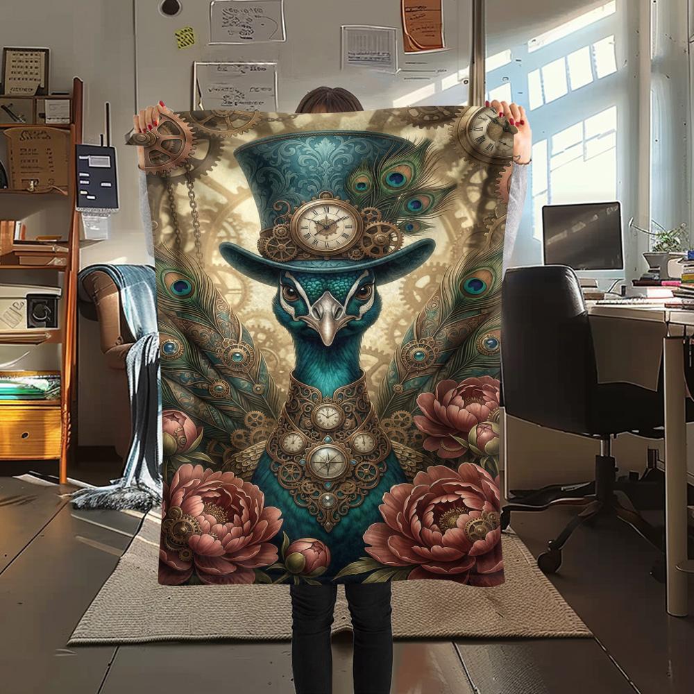 1PC Peacock and Peony Print FlAannel Blanket, High quality Comfortable for All Seasons, Home Decor, Warmth and Comfort
